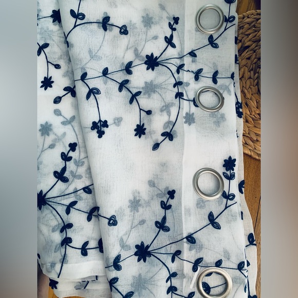 Two 84” Panels—Sheer White Curtains— Navy Blue Leaf Embroidered With Grommets - Picture 5 of 5